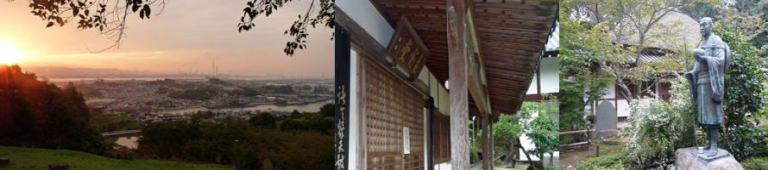 左から「円通寺公園の夜明け」「良寛堂」「玉島の良寛像」の合成写真です